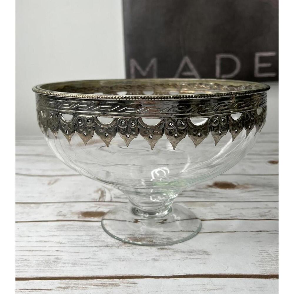 Vintage Glass Pedestal‎ Bowl with Intricate Silver Rim